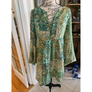 FLOREAT Anthropologie Green SILK Baby Doll Lined Paisley BOHO Tunic Dress